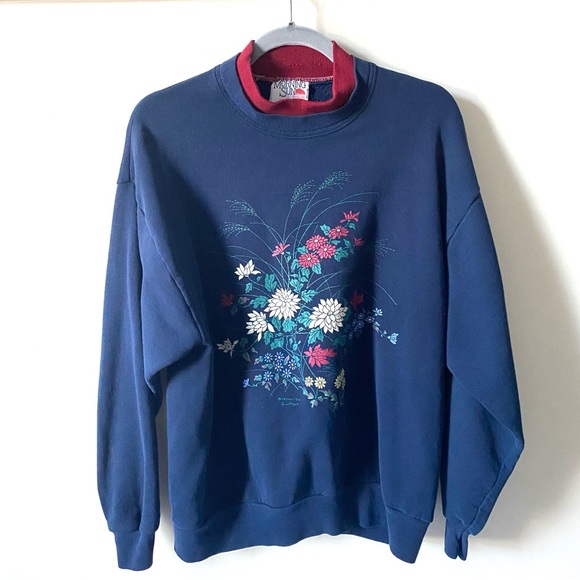 Vintage Morning Sun Sweatshirt Women's Size Large Navy Blue Flower Graphic - Picture 1 of 6
